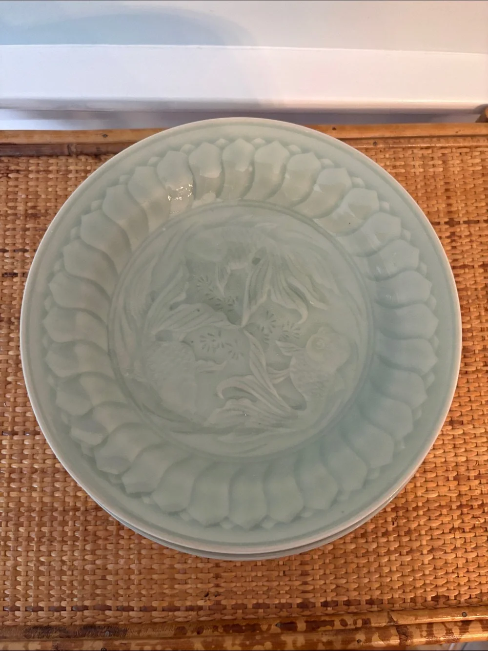 Vintage Celadon Green Embossed Ceramic Shallow Bowls w Koi Design - Set of 6